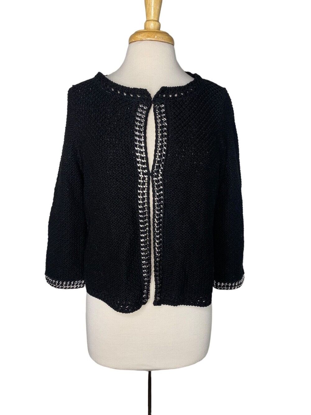 CHICOS Black Knit Silver Chain Detail Zebra Stripe Mesh Cardigan Medium (1)